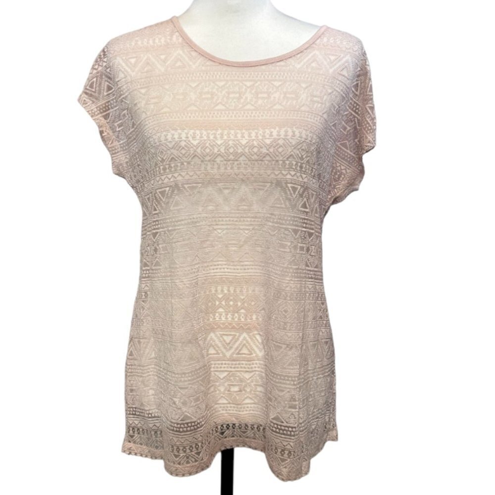 Cato Ultra Sheer Tribal Pattern Soft Pink Tee Size S